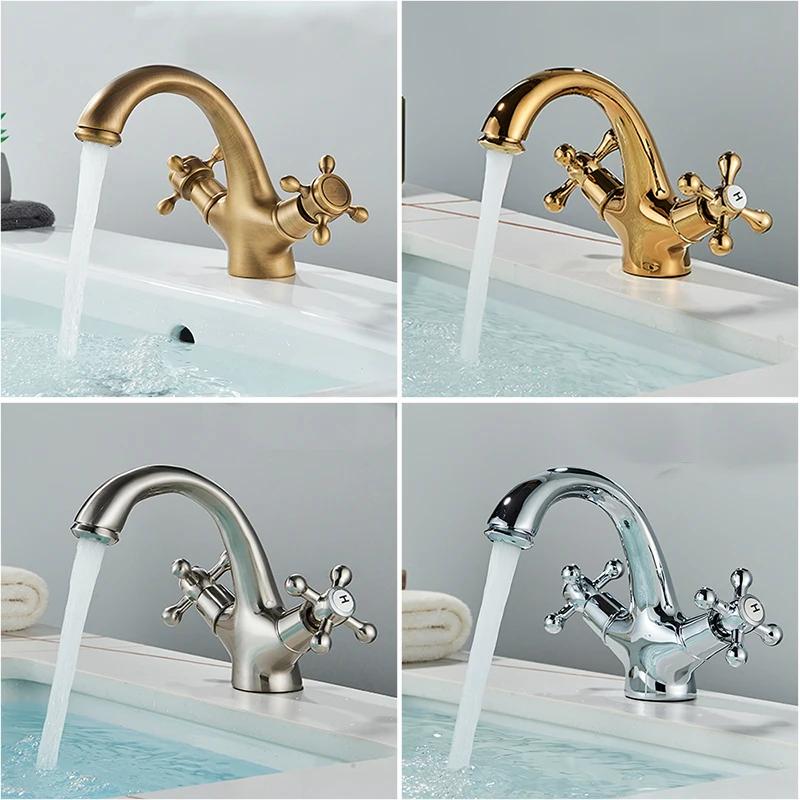 Senlesen Antique Faucet Bathroom Basin Faucet Two Handles Washbasin Taps Solid Brass Deck Mounted Hot Cold Water Mixer Tap,Gold