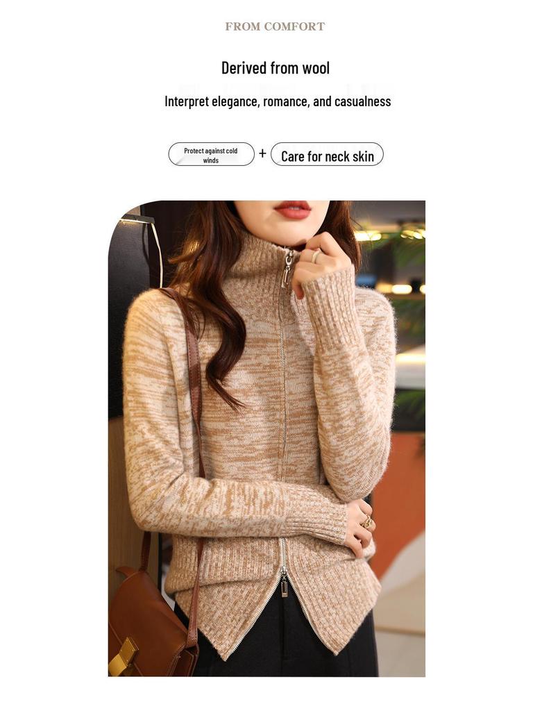 Women's 100% Wool Warm Turn-Down Collar Zipper Cardigan - Autumn/Winter Casual Style