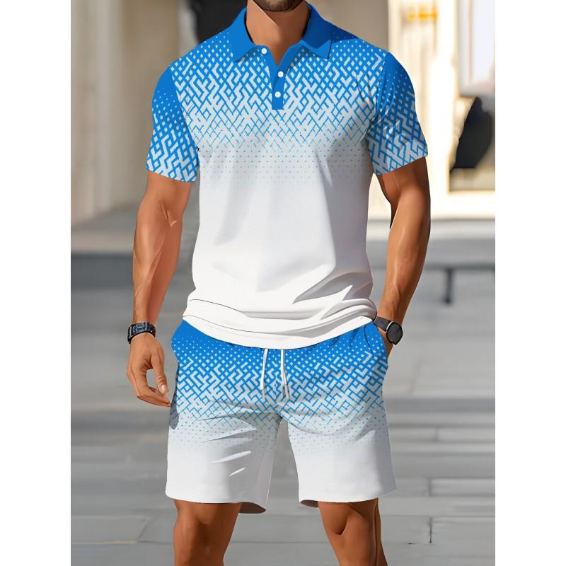 Mens Casual Loose Fit Polo Shirt With 3D Digital Print Short Sleeve Asymmetrical Design Wear