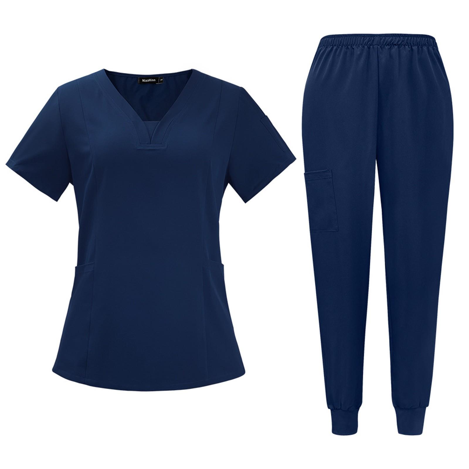 

Женский модный однотонный короткий рукав V-образный вырез узор топы карман рабочий комплект XXL тёмно-синий