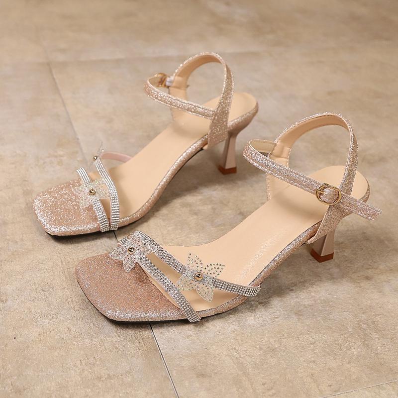 Fashion Silver Women's Sandals 2025 Summer New Elegant Thin Heel One-Piece Strap Fairy Sandals with Dress High Heel Rubber Outerwear