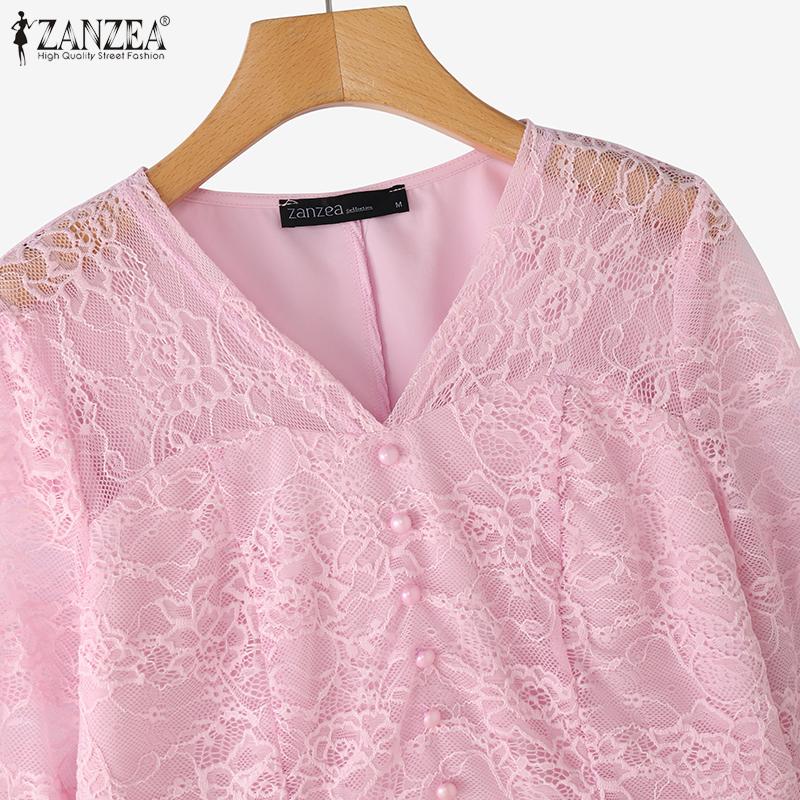 ZANZEA Women Casual V-Neck 3/4 Sleeve Lace Patchwork Blouse