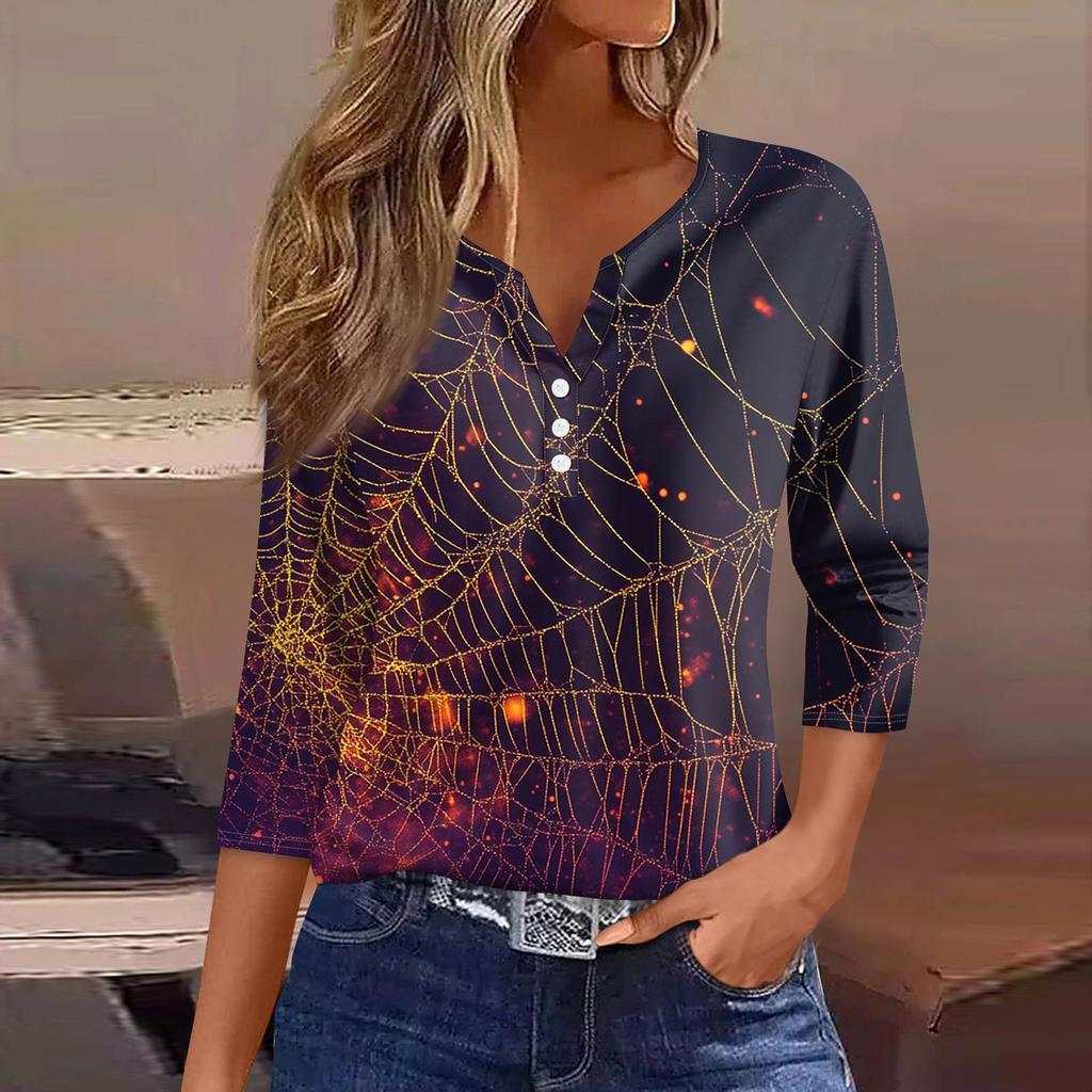 Women's Fashion Casual T-Shirt V-Neck Seven Sleeve  Printed Button Top