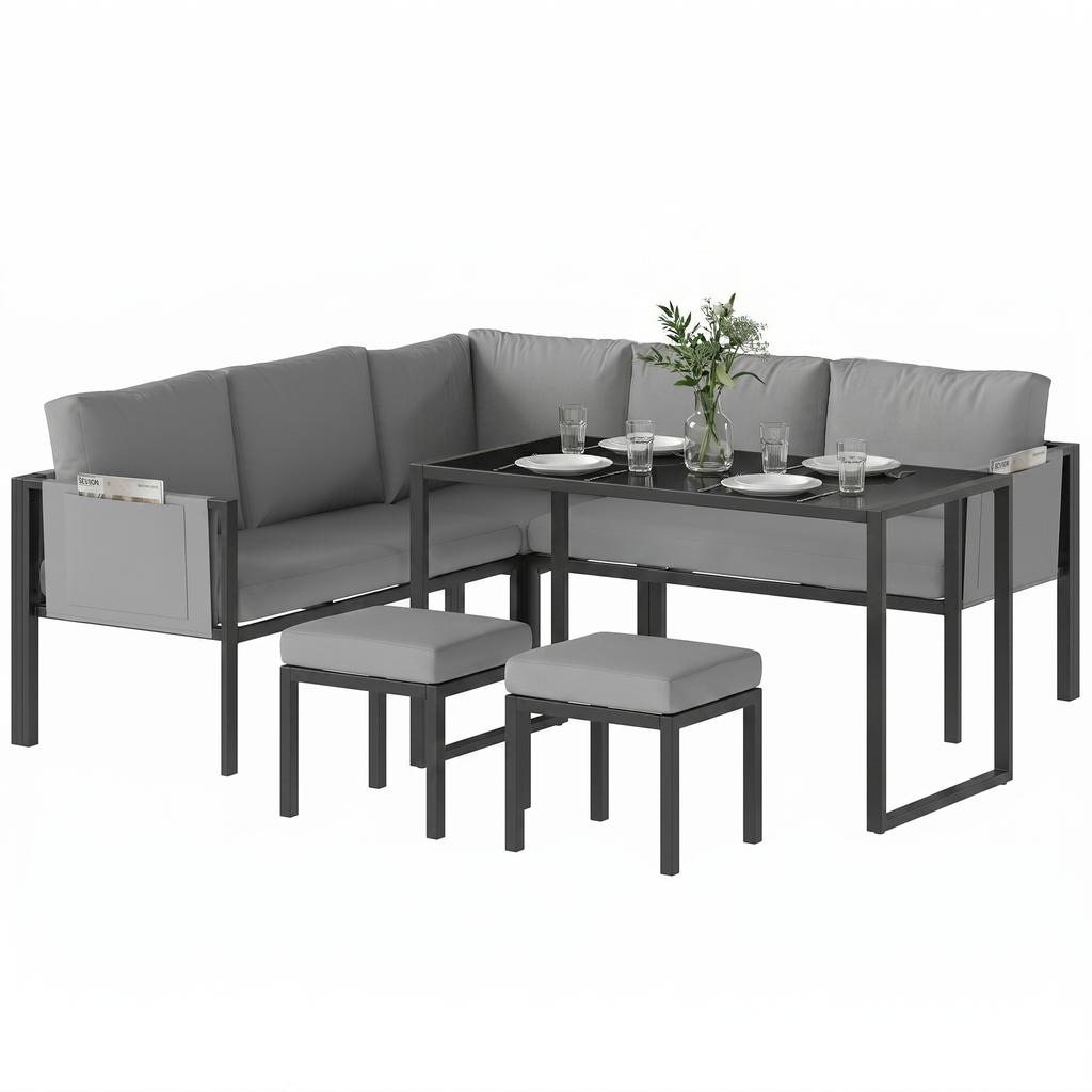 Garden Lounge Set, Outdoor Corner Sofa, 6 Pieces, 10 cm Cushions, High Table, 2 Footrests, Grey
