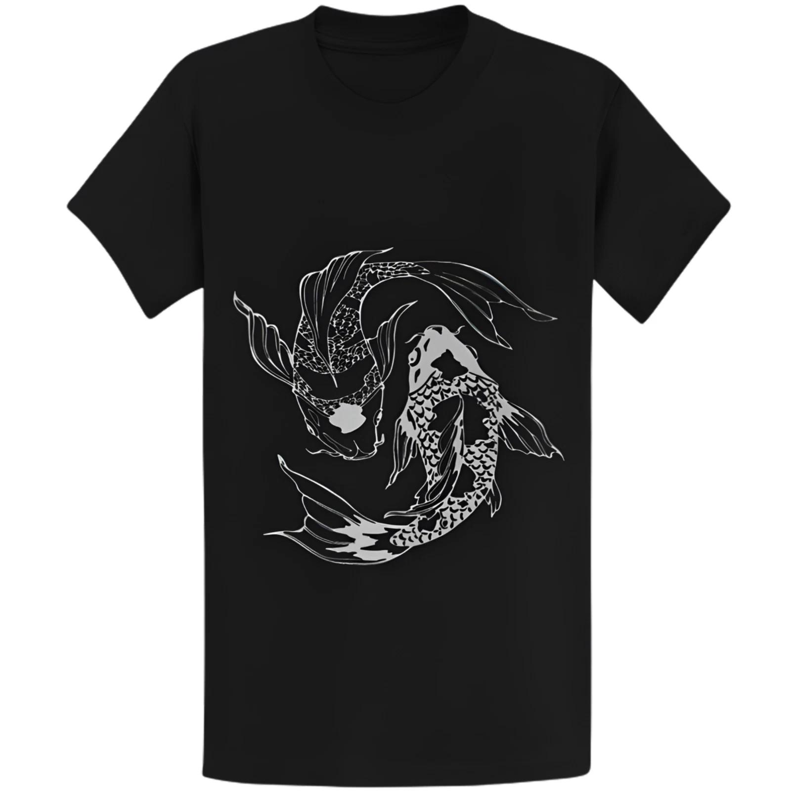 Gildan 5000 Koi Fish Yin Yang Ink Drawing T-Shirt - Japanese Gift Tee M