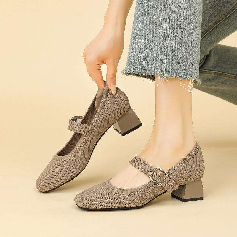 

New medium heel one-word mixed belt fly-woven Mary Jane single shoes woven shoes thick heel single shoes women 34 хакі