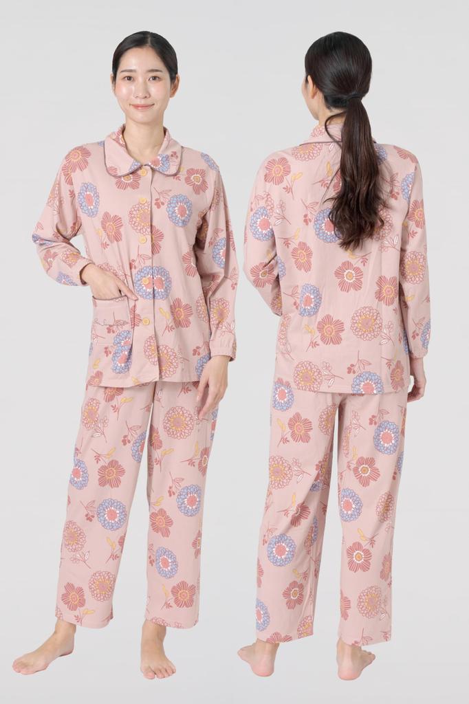 Bon Sommeil Cotton Blend Top and Bottom Front Comfortable Sleep Design Pink X Women's Long-Sleeved Pajamas, Set, Opening, (L, Flower)