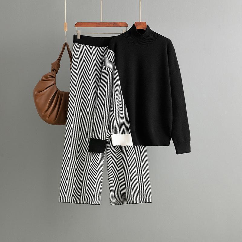 Fashion Contrasting Color Semi-turtleneck Loose Knitted Top Wide-leg Pants Two-piece Set