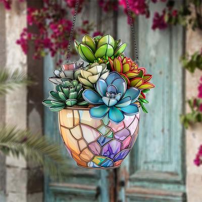 Colorful Succulent Blue Enchantress Vase 2D Acrylic Disc With Chain Jewelry Pendant Garden Porch Decoration Hanging Sign