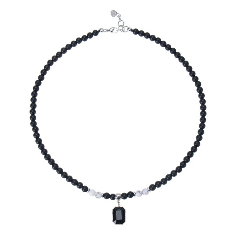 Schwarze Perlenkette mit quadratischem Anhänger für Herren Trendige Accessoires am Halsband 2023 Mode Männliches Geschenk Dekoration