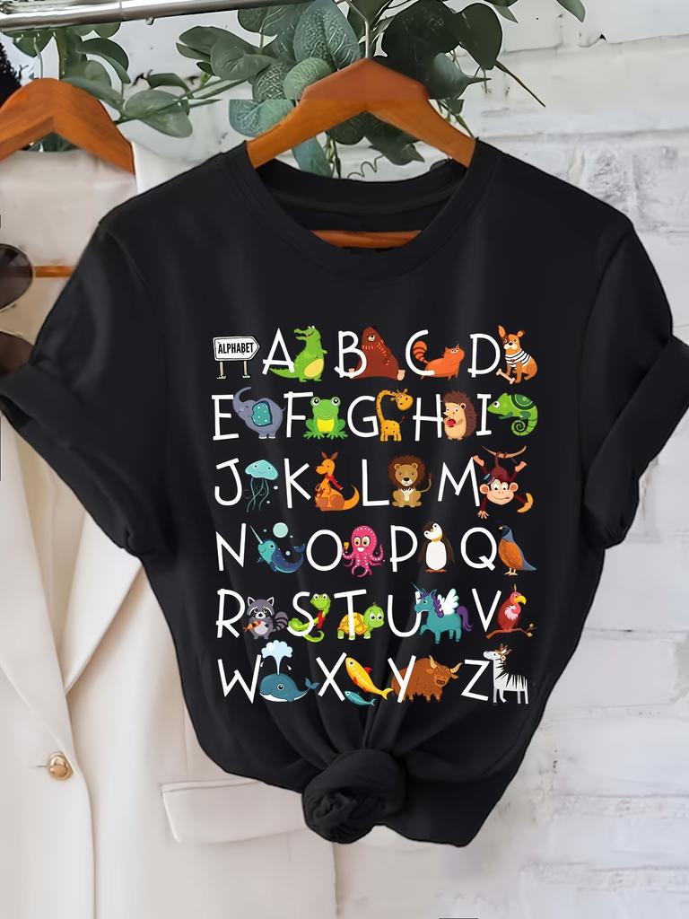 Alphabet Animal Print Back to School Crew Neck T-Shirt for Women T Shirt Streetwear Women's Clothing shirt