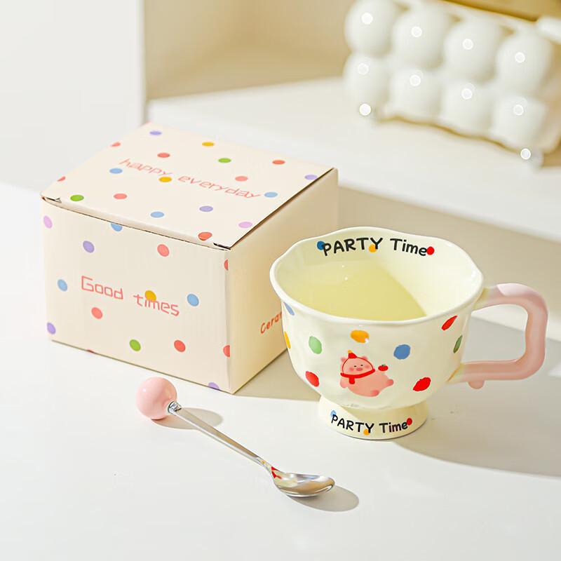 Nu Feng Ceramic Mug with Pink Handle and Spoon