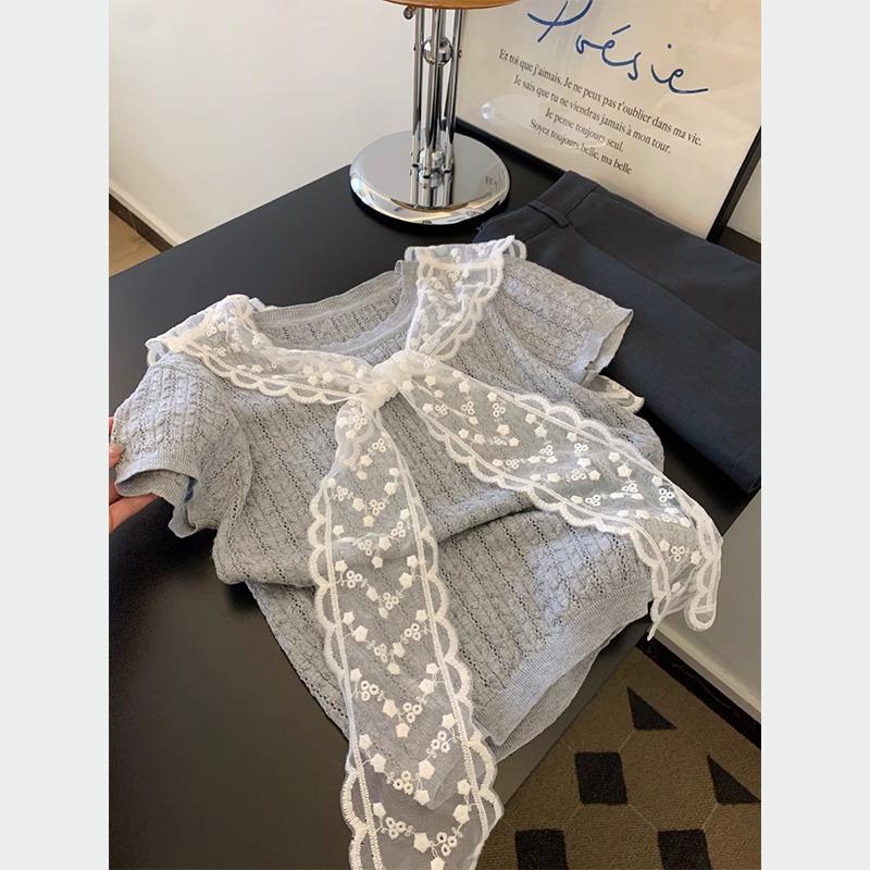 

Женская маленькая кружевная шаль, серая вязаная футболка с коротким рукавом, коллекция 2025 One Size