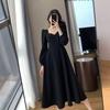 Hepburn-Style Retro V-Neck Black Dress for Women, 2025 Spring/Autumn, Long Over-the-Knee Length