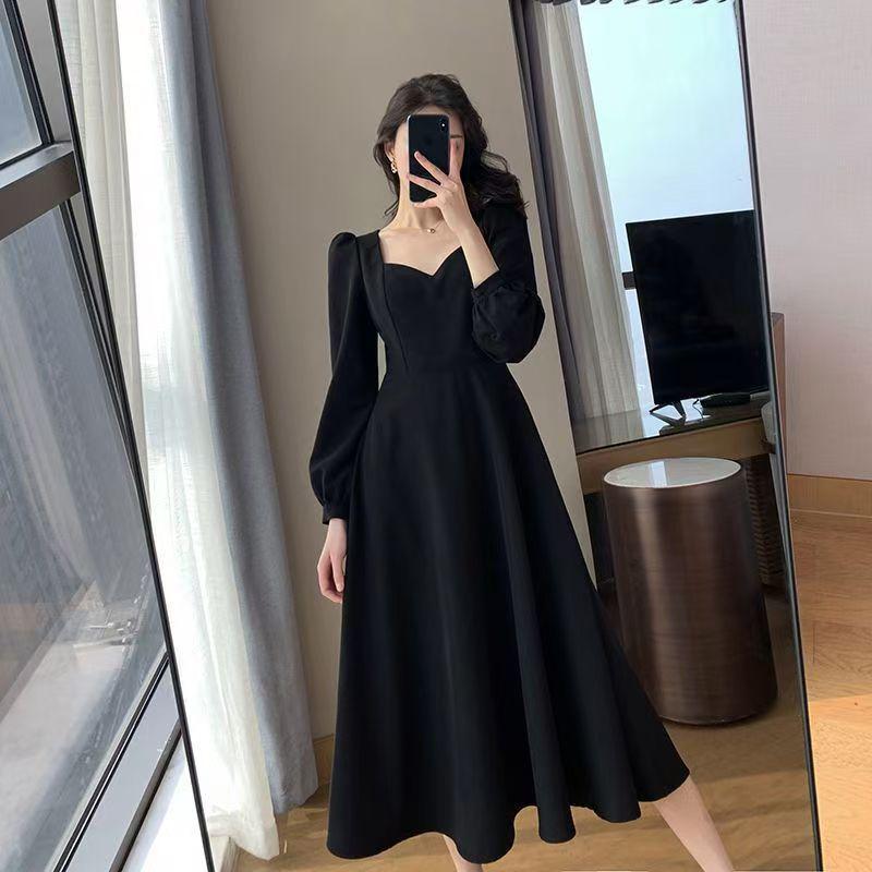 Hepburn-Style Retro V-Neck Black Dress for Women, 2025 Spring/Autumn, Long Over-the-Knee Length
