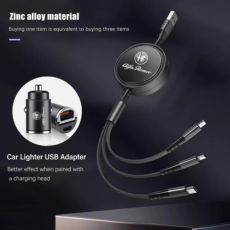 NSTJE1 3 In 1 Retractable Data USB Cable Phone Charging Cable For Alfa Romeo Giulia Stelvio Giulietta 156 159 147 Mito Tonale Brera