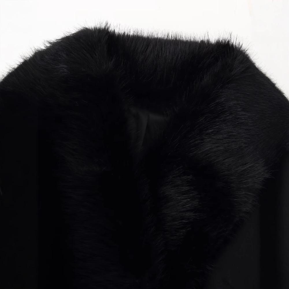 Women's Turn Down Collar Long Sleeve Wool Coat Fitted Waist Faux Fur Trim Maxi Coat Winter Outerwear