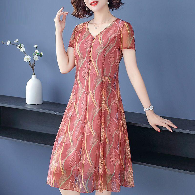 Women's Navy Blue Leaf Print Chiffon Midi Dress V-Neck Short-Sleeve A-Line Dress For Elegant Casual Daily Wear