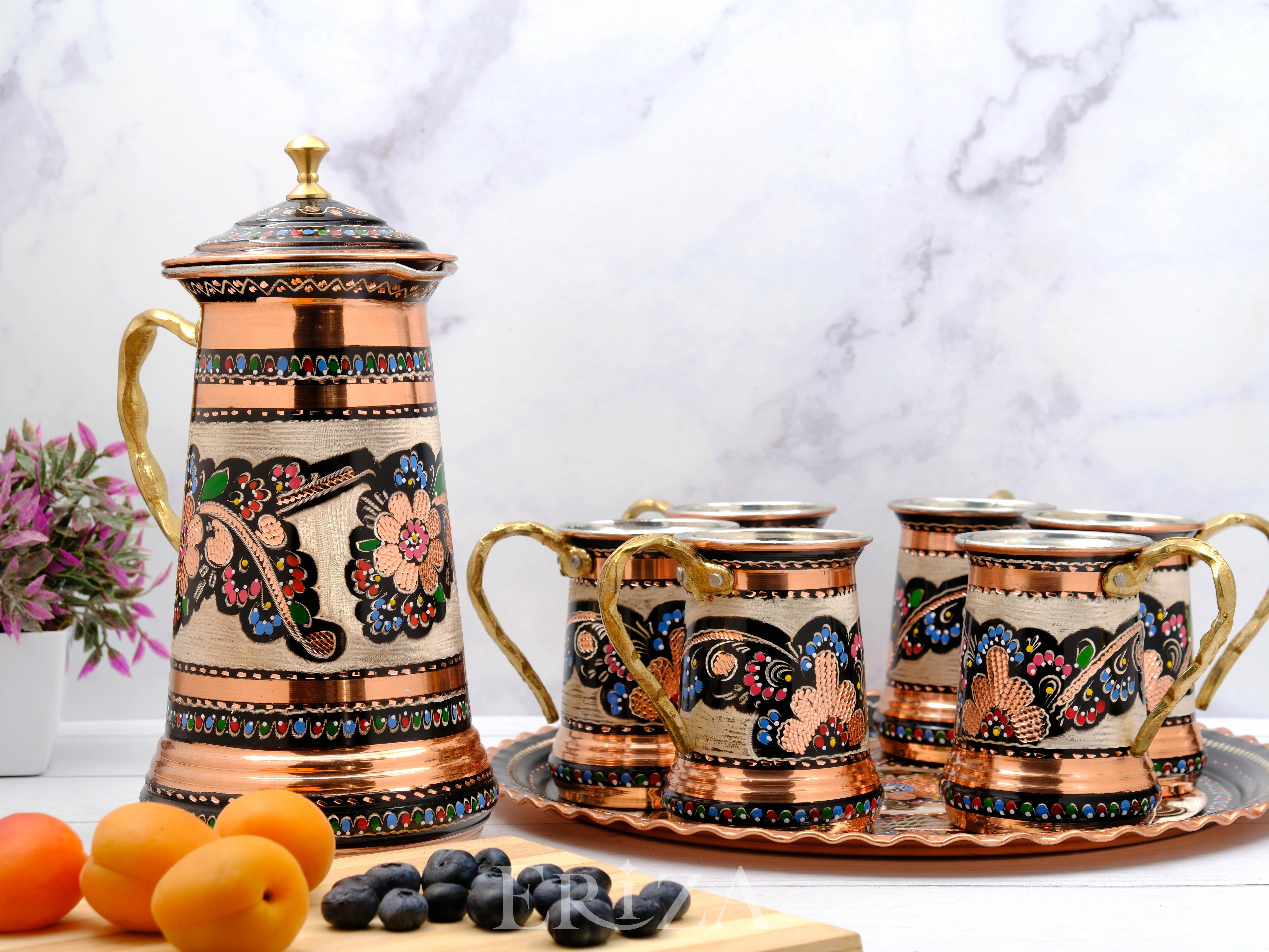 

Lidded Copper Jug and Mug Set With Tray мідний
