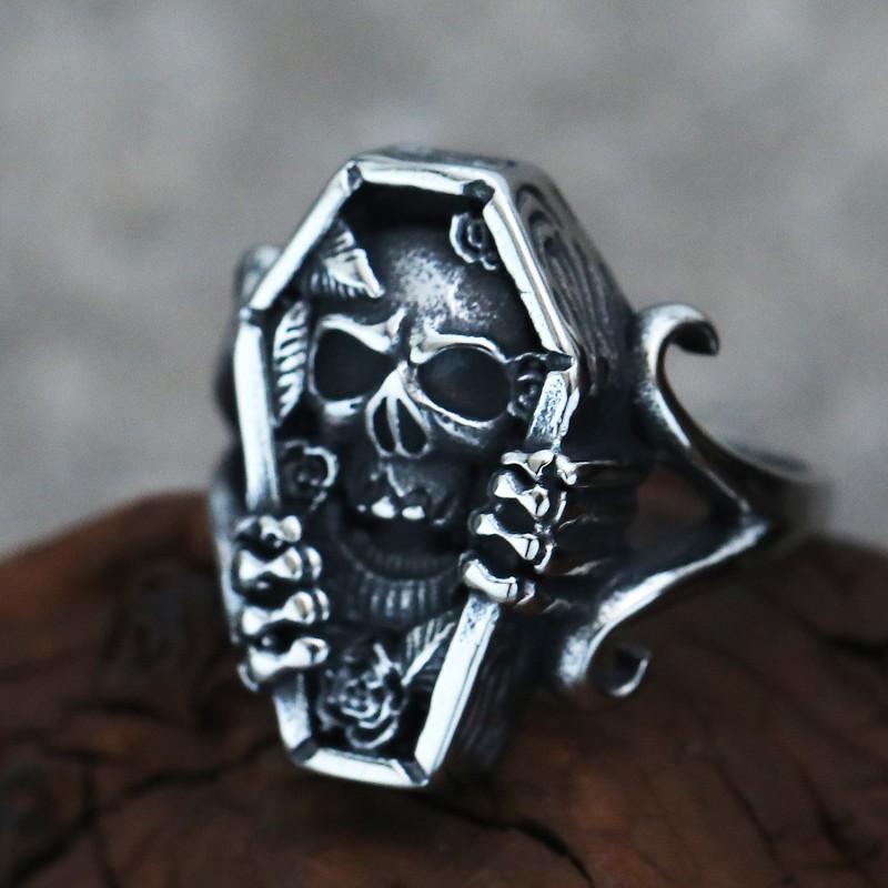 Adjustable Skull Coffin Ring In Antique Sterling Punk Gothic Unisex Jewelry