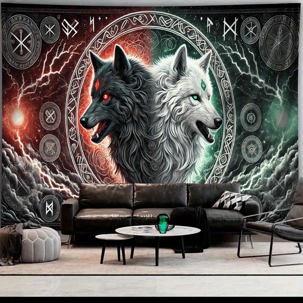 1Pc Twin Wolves Tapestry Wall Hanging, Decorative Fabric Poster for Bedroom, Living Room, Dorm & Home Decor