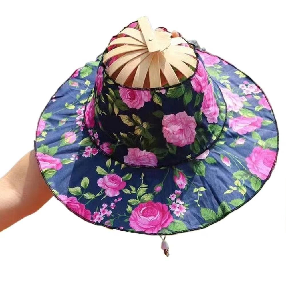 Floral Printed Fan Sun Hats Foldable Bamboo Sunscreen Cap Women Sunhat Folding Fan Hat  for Travel