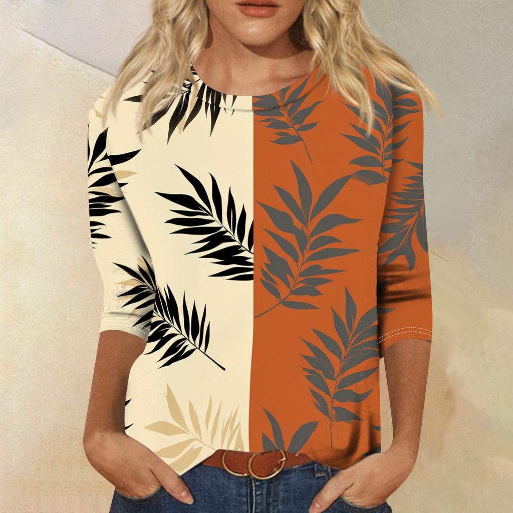 Women's Fashionable Casual Round Neck Three-quarter Sleeve Hawaiian Print T-shirt Top