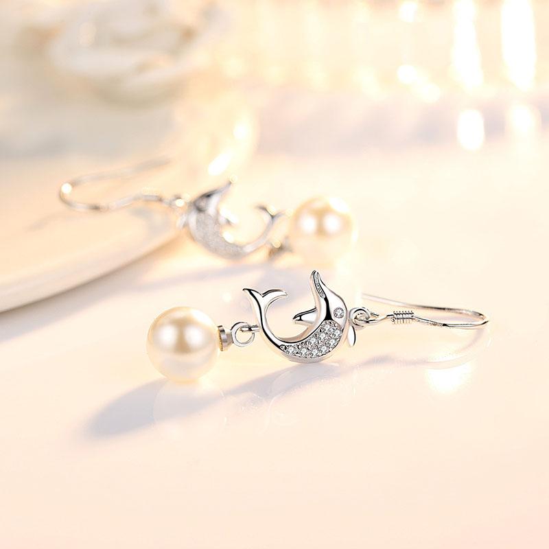 Ladies Elegant Zircon Dolphin Pearl Eardrop Earrings
