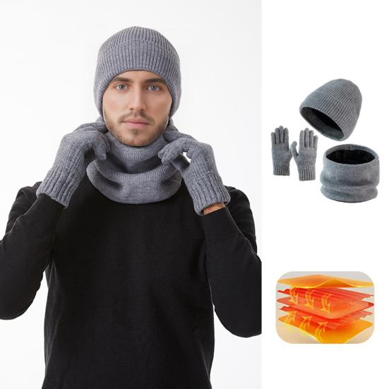 3Pcs/Set Winter Hat Scarf Gloves Set Solid Color Windproof Brimless Hat Neck Warmer Touch Screen Gloves Set