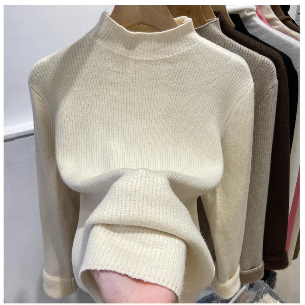 Half High Collar and Thick Velvet Winter Base Sweater for Women, Soft and Stylish, with Warm and Integrated Velvet Sweater Inside