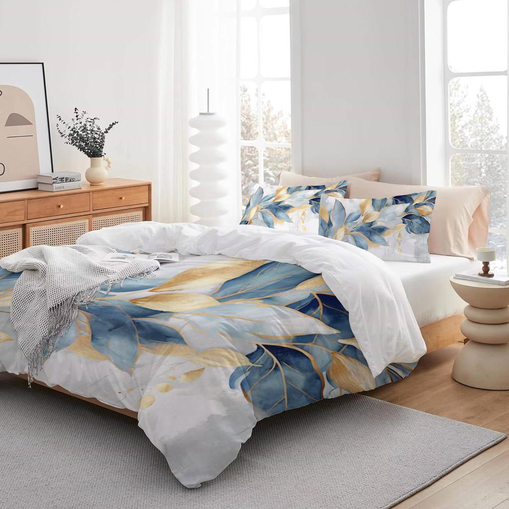 Blue And Gold Leaf Pattern 3D Printed Down Duvet Cover Bedding Set Soft And Comfortable Luxurious Duvet Cover Pillowcase