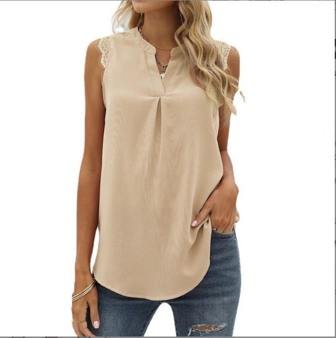 European & American Women's Fashion: Spring/Summer Solid Color V-Neck Sleeveless Shirt with Lace Trim