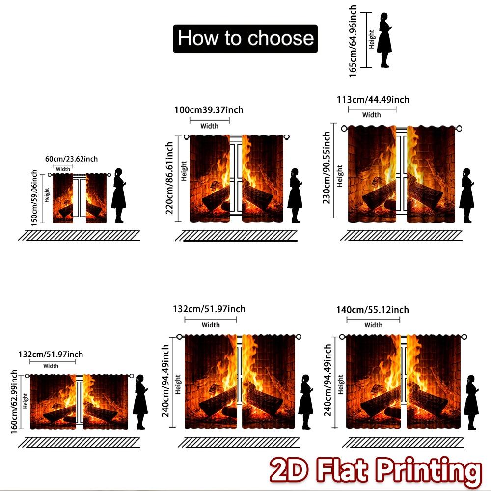 2D flat printing 2pcs Curtain Curtains Warm Glowing Fireplace Digital Printed Polyester Drapes Family Party Decoration Use for