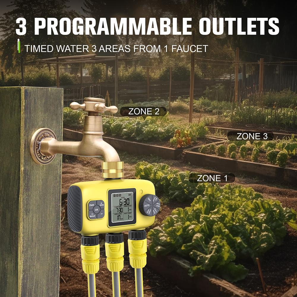 3-Outlet Automatic Water Timer Garden Irrigation Watering System Independent Control Sprinkler Programmer Tools