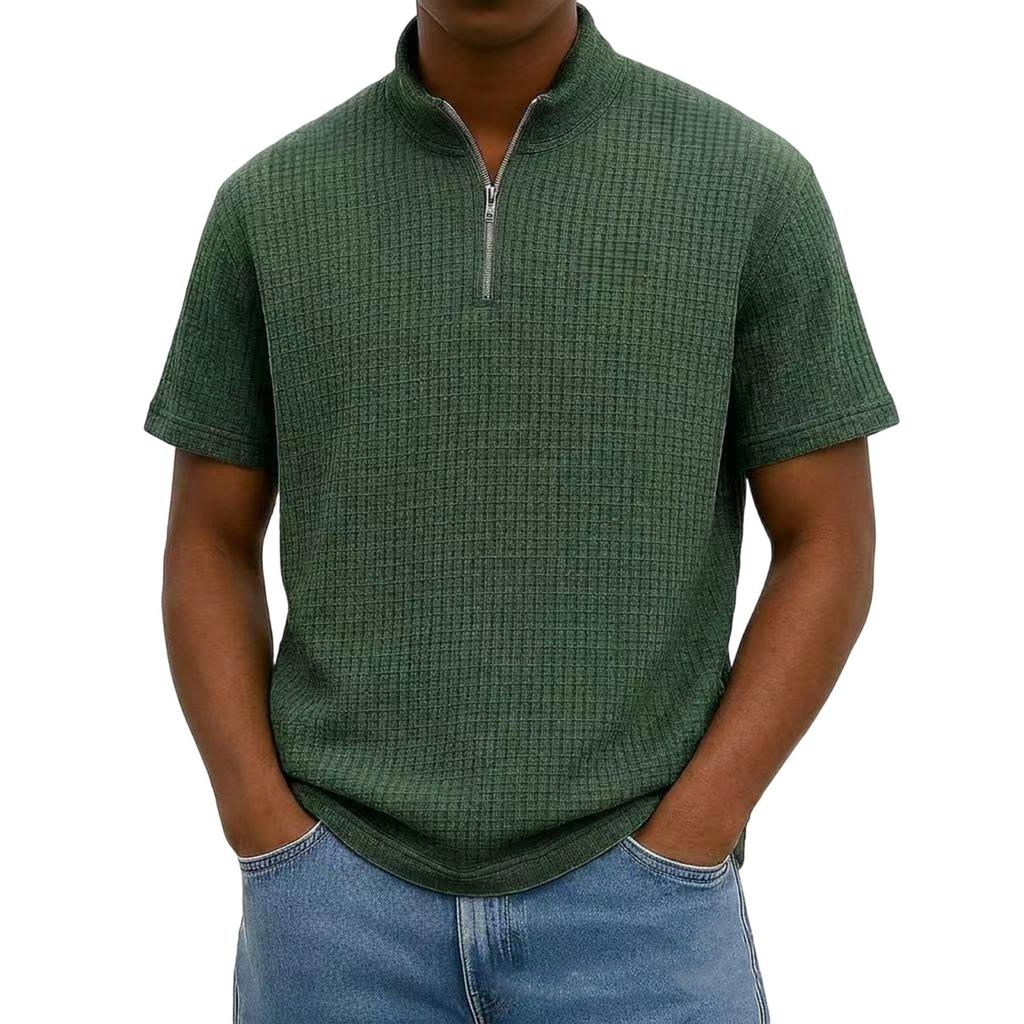 Men's Short Sleeve Half Zip Pullover Shirt Loose Fit Lightweight Casual Top with Stand Collar Suitable for Outdoor and Daily Wear