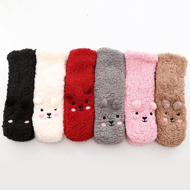 Women Winter Cute Bear Embroidery Fuzzy Slipper Socks Non Slip Warm Socks with Grips Furry Plush Sock for Home Sleeping