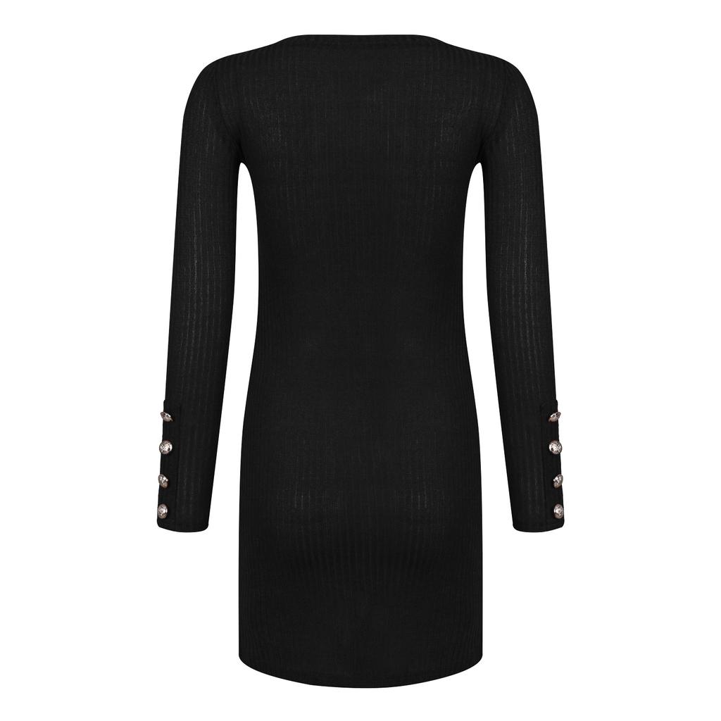Women Fashion Casual Color Side Slit Sexy Slim Button Long-sleeved Knitted Dress