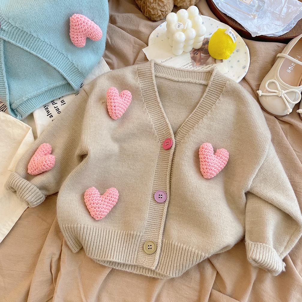 Girls' 3D Heart Knit Cardigan Sweater - 2025 Trendy Top for Baby Girls
