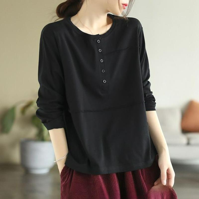Literary Retro Spring and Autumn Long-sleeved T-shirt Women's Casual Thin Stitching Button Bottoming Shirt Top Women