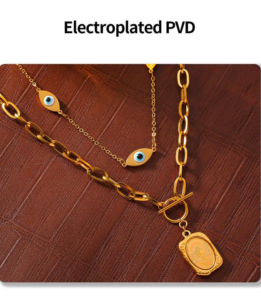 18K Gold-Plated Titanium Steel Eye of the Devil Portrait Square Pendant Double Layer Necklace for Women
