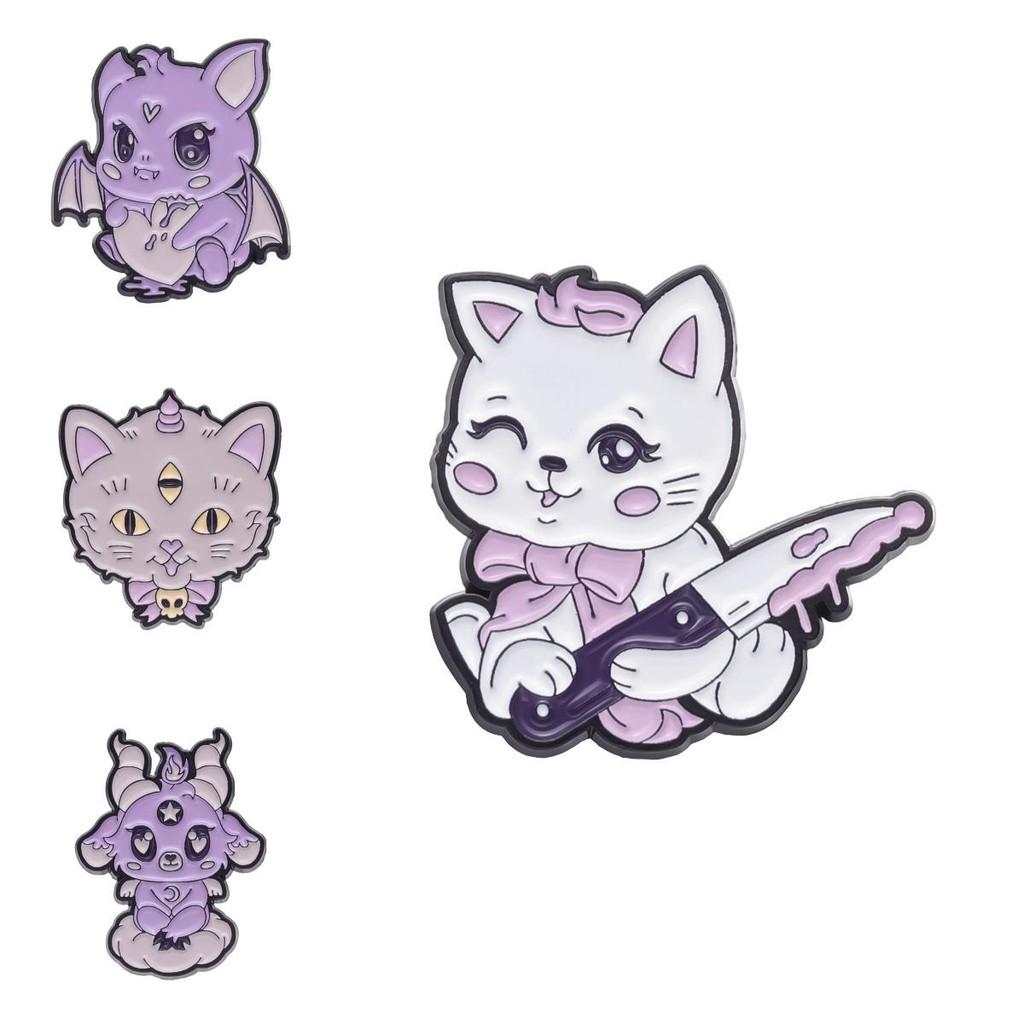 Adorable Creative Purple Cat And Bat Design Brooch Cute Animal Alloy Pin Accessory