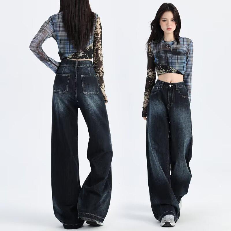 Retro Wide-leg Jeans Women In Spring and Autumn New High-waist Loose Draping Slimming Floor Straight Pants