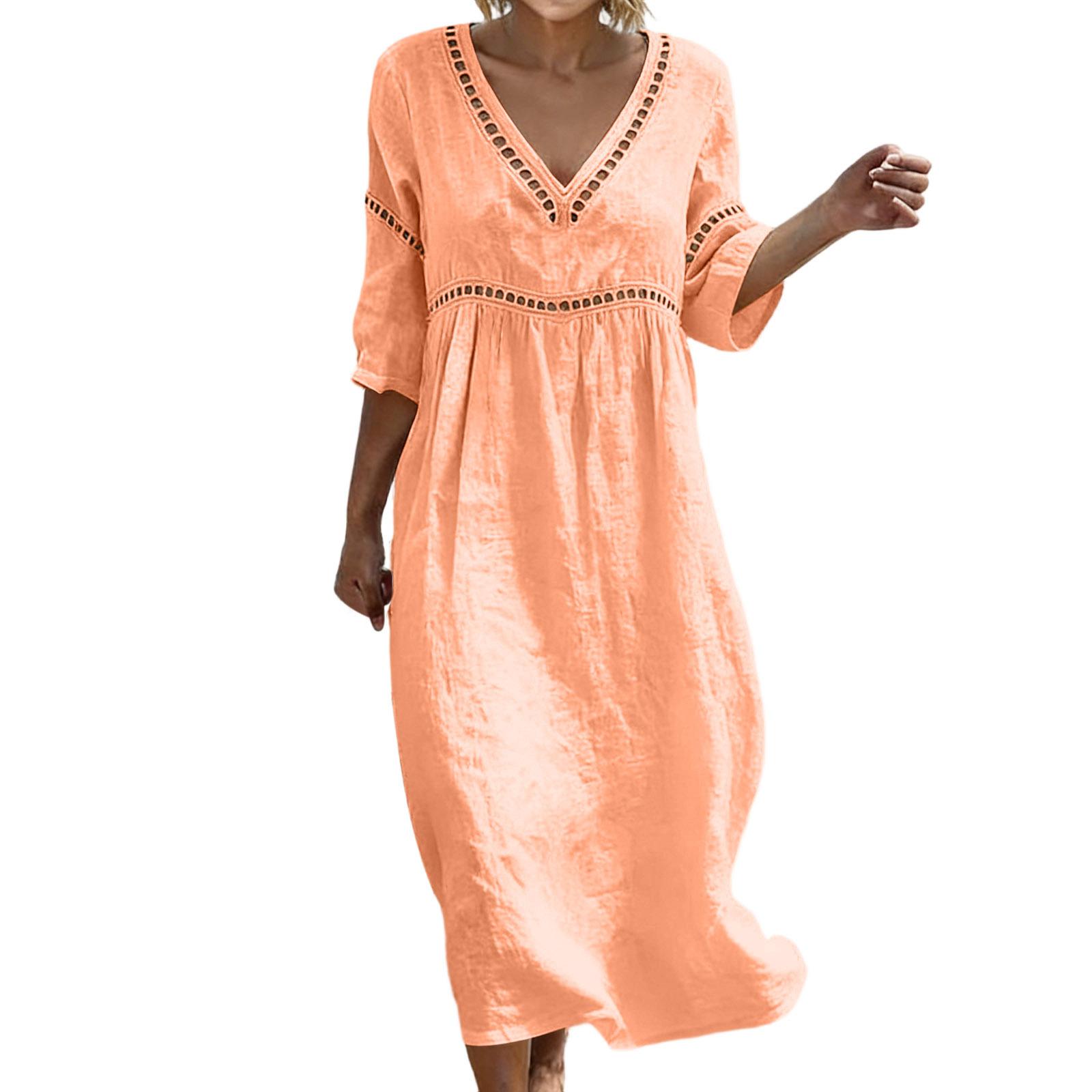 

Женское модное повседневное пляжное платье с V-образным вырезом -Цветное: Свободное ажурное платье S оранжевый