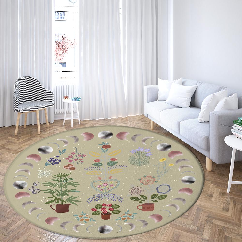 Moon and starry sky printed circular floor mat plant pattern carpet home bedroom decoration non slip floor mat door mat