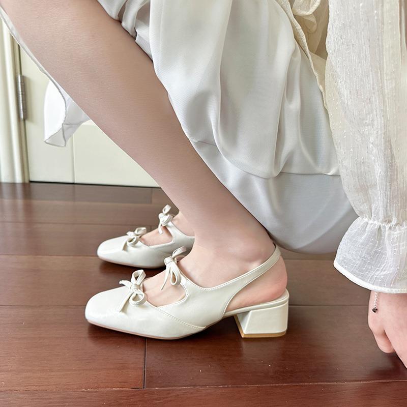 Spring and summer new thick heel square head bow bag head sandals fairy fairy heel sandals 35 5466₽
