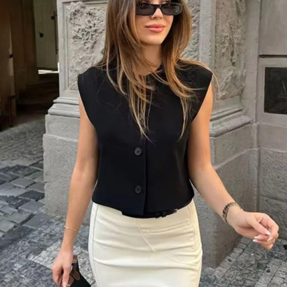 

Solid Color Waistcoat Top Round Neck Casual Vest Top Retro Cropped Coat Women Streetwear S чорний