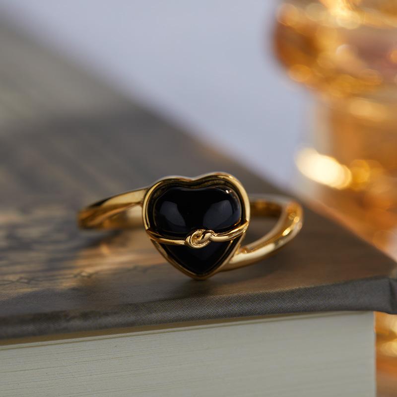 Original Design S925 Sterling Silver Inlaid With Natural Black Agate Heart-Shaped Love Special-Shaped Ring For Women'S Niche Light Luxury Index Finger