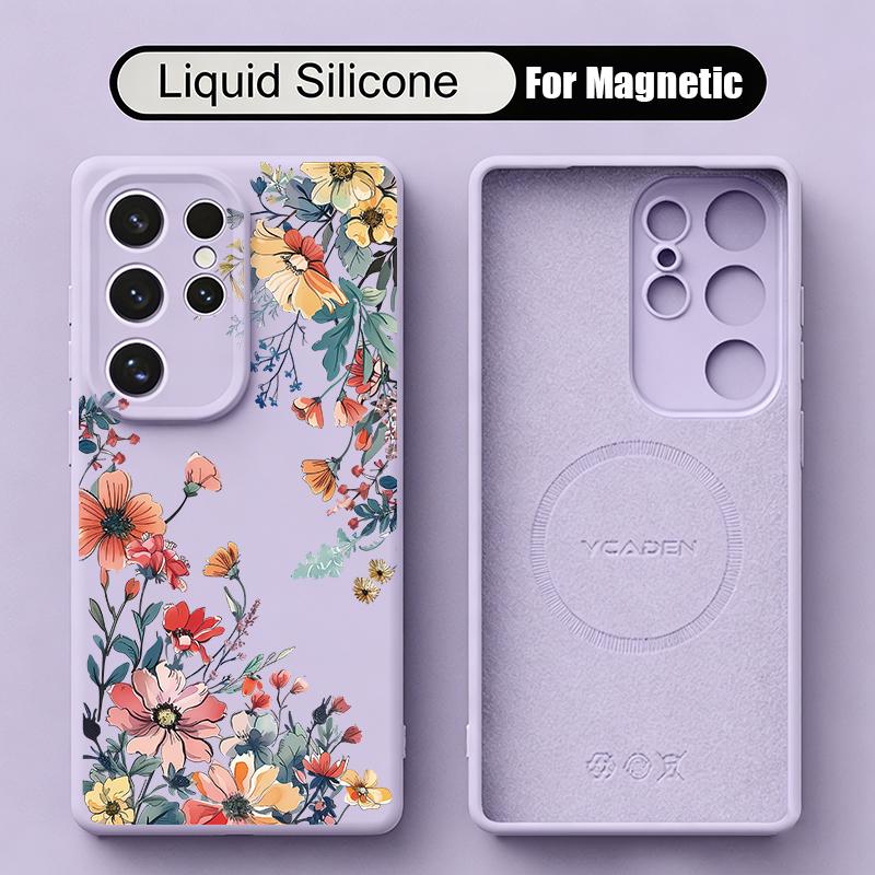 Cartoon Daisies Flowers Liquid Silicone Case For Samsung S26 Ultra S25 S24 Plus S23 S22 Ultra Magnetic For Magsafe Soft Cover