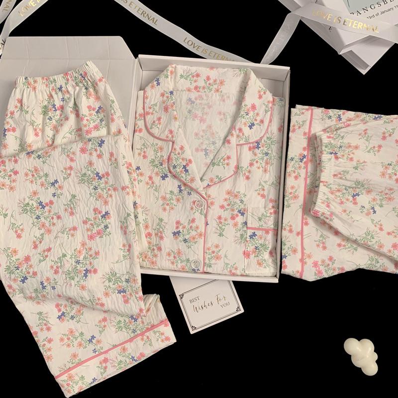 

Летний хлопковый пижамный комплект с цветочным принтом для девочек – с коротким рукавом, трехпредметный, для улицы M (80-100 jin)