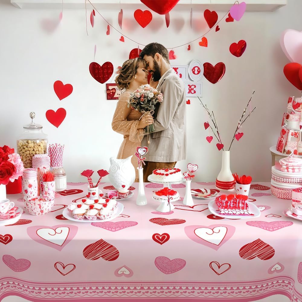 Valentines Tablecloth, 2Pcs Valentines Tablecloth Plastic 54x108 Inch Red Pink Love Heart Table Cloth Valentines Tables Cloth Disposable Rectangle